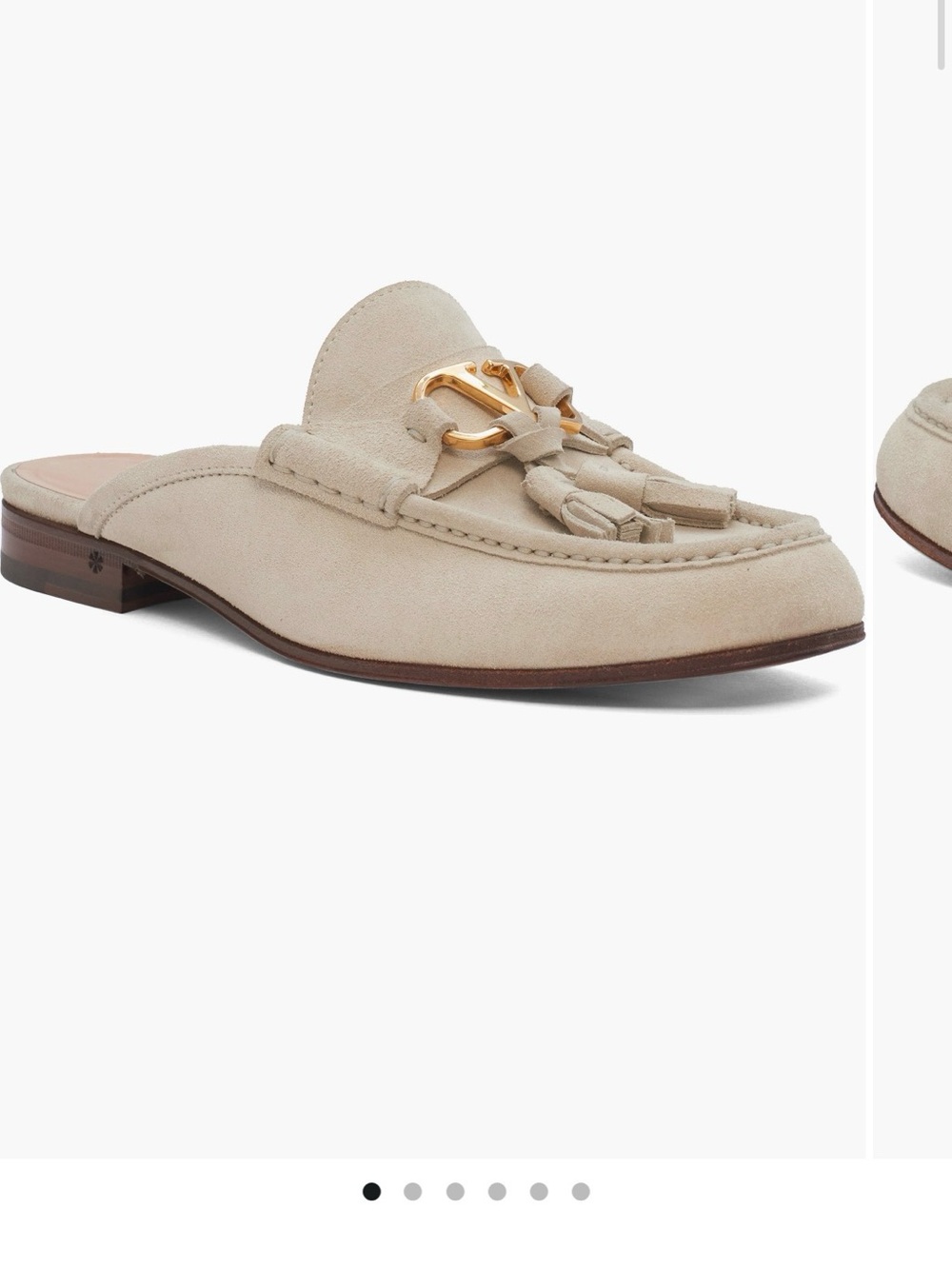 Valentino Garavani Beige Suede Tassel Mule with Gold Hardware
